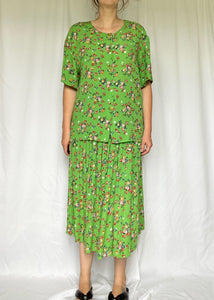 90's Lime Green Floral 2 PC Skirt Set