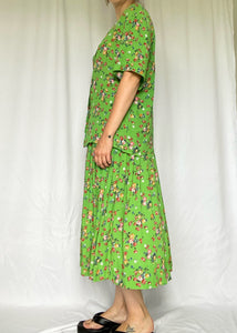 90's Lime Green Floral 2 PC Skirt Set