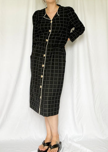 80's Black Grid Pattern Dress