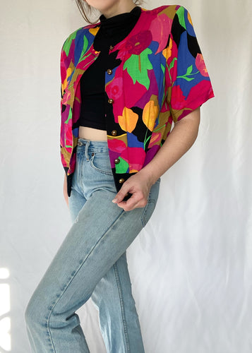 80's Vibrant Floral Button Up Tee