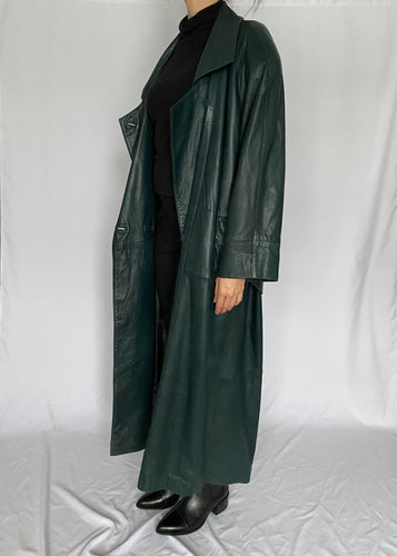 80's Green Leather Trench