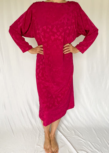 80's Hot Pink Embossed Midi Dress