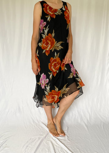 90's Black Floral Midi Dress