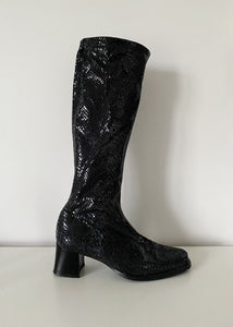 Faux Snake Block Heel Stretch Boots