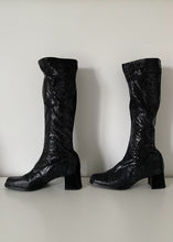 Faux Snake Block Heel Stretch Boots