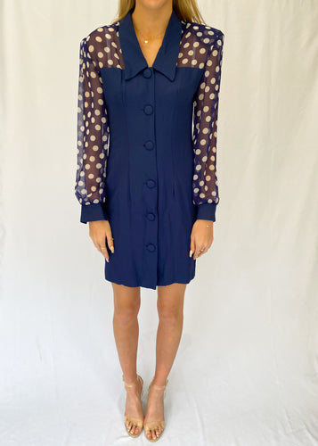 Navy Polka Dot Button Front Dress