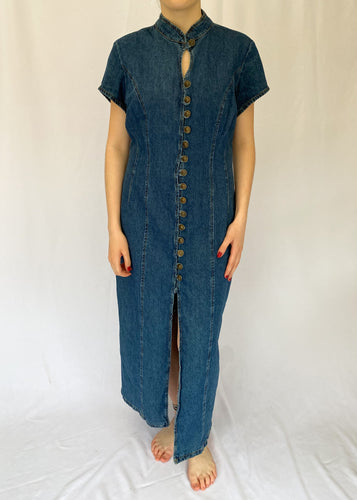 90's Dark Denim Button Front Maxi Dress