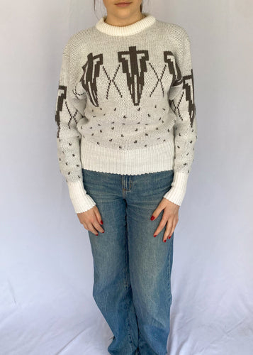 80's White and Grey Knit Pullover